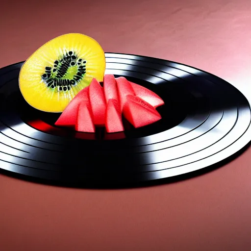 Prompt: vinyl turntable vinyl record in shape of huge round kiwi fruit, 4 k, unreal render, blender guru