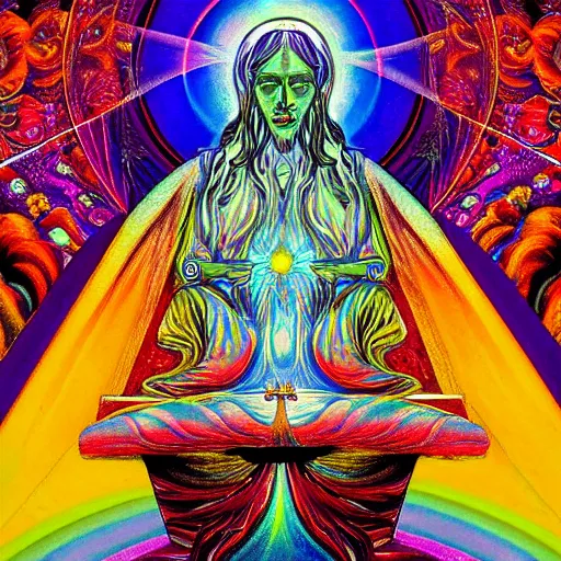 Prompt: god sitting in the center of the multi dimensional latent space conceptualizing our collectively designed divine imaginations, style of visionary art