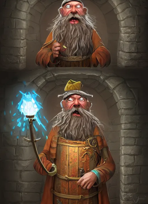 Prompt: highly detailed, hyper realistic wizard, funny, with a dungeon background by studio muti