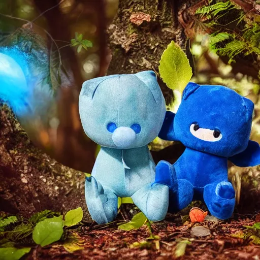 Prompt: blue snappy gifts mascot from snappy. com as plush doll in magical forest, gifts, dark atmosphere, high detail, soft lighting, 8 k