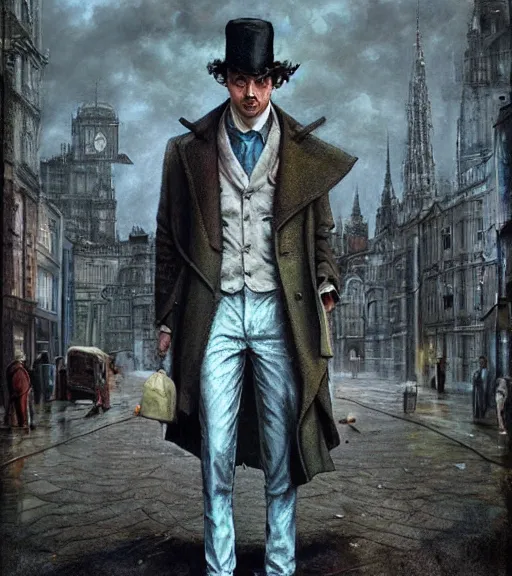 Prompt: techno sherlock holmes standing in a city square, soft colours, detailed, digital art, hd, by tom bagshaw, by fintan magee, by raymond swanland
