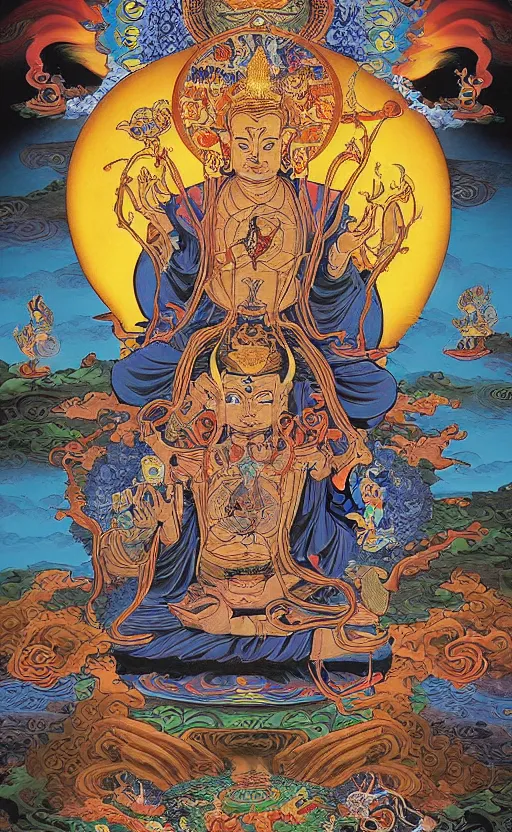 Prompt: Buddhist Tarot Card of Death and Rebirth, Dan Mumford Jeff Simpson Simon Bisley, Thangka