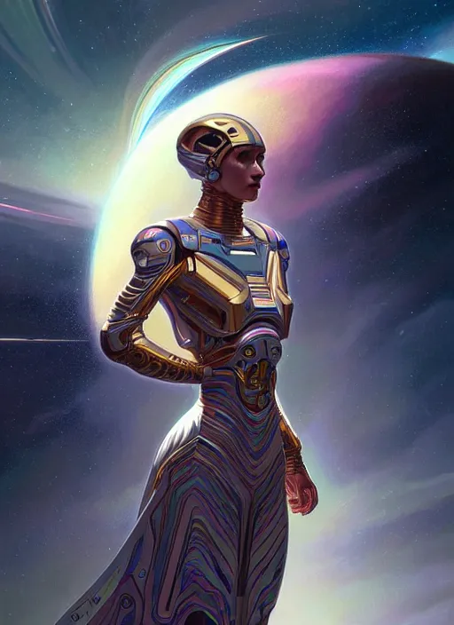 Image similar to hyper detailed ultra sharp painting of a interstellar sentinel human. trending on artstation, warpaint aesthetic, earthwave, colorful, galactic, ornate, intricate, digital painting, concept art, smooth, sharp focus, illustration, art by artgerm and greg rutkowski and alphonse mucha, 8 k