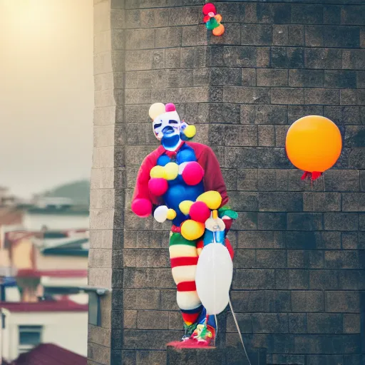 Prompt: photo of a clown on top of a house with a balloon in his left hand, taken with canon eos - 1 d x mark iii, bokeh, sunlight, studio 4 k