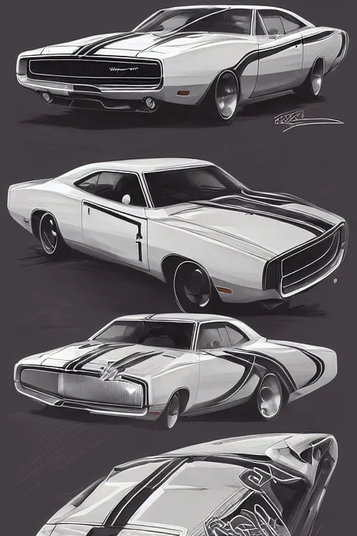 Prompt: 1970 Dodge Charger car , highly detailed, digital painting, artstation, concept art, smooth, sharp focus, illustration, art by artgerm and alphonse mucha, high definition digital art, in the style of Ross tran and ilya kuvshinov