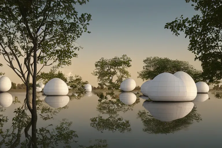 Image similar to a building composed of many multi - white spherical egg - shaped spaces. on the calm lake, people's perspective modern curved architecture, future, award winning, highly detailed 4 k art, dusk, by kazuyo sejima