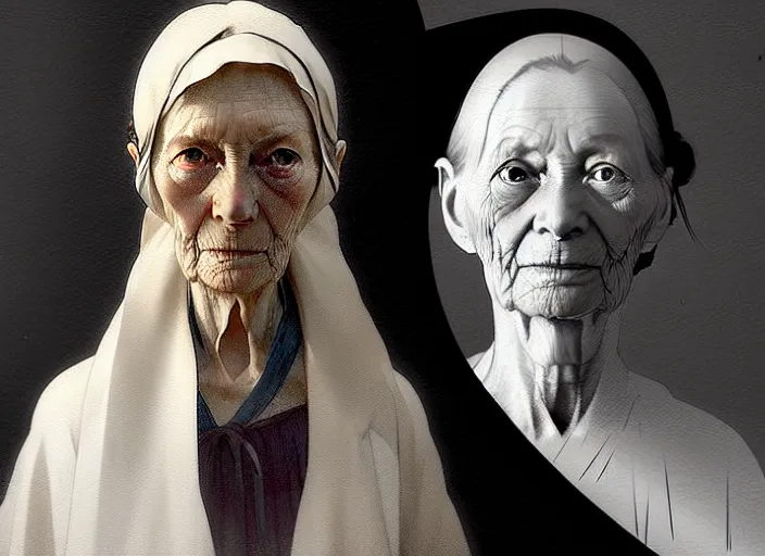 Image similar to 1 8 3 5 florence nightingale elderly, character face study, faces only, concept art finely detailed perfect art, painted by greg rutkowski makoto shinkai takashi takeuchi studio ghibli, pinterest, cevagraf comics