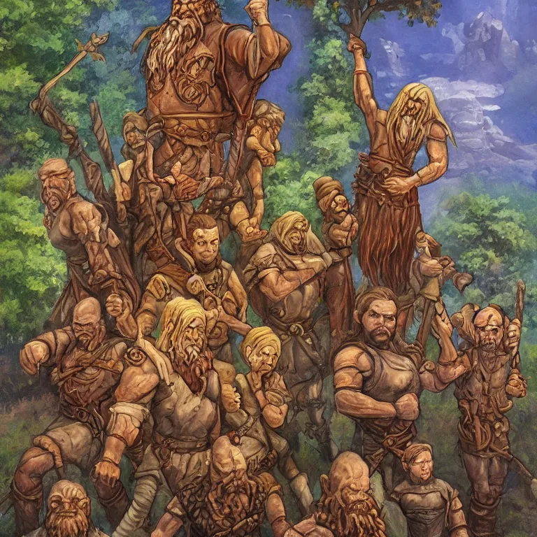 Prompt: a beautiful painting in the style of larry elmore of a stone golem standing center frame with his stone arms around his dwarf wizard and elf rogue friends at summer camp