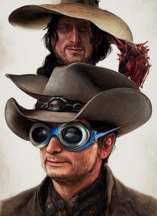 Image similar to Portrait Tim Robinson (from I Think You Should Leave) in a cowboy hat and eye mask disguise, marvel comics, dark, intricate, highly detailed, smooth, artstation, digital illustration by Ruan Jia and Mandy Jurgens and Artgerm and Wayne Barlowe and Greg Rutkowski and Frank Frazetta