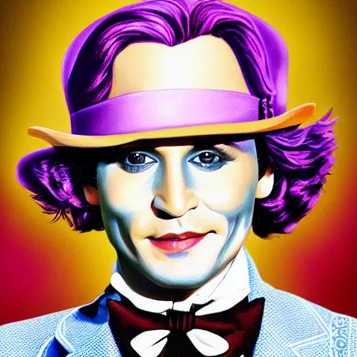 Image similar to portrait of johnny depp without mustache and beard as willy wonka, highly detailed, centered, solid color background, digital painting