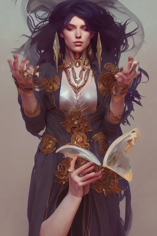 Image similar to beautiful sorceress, accurate anatomy, only two hands, highly detailed, digital painting, artstation, concept art, smooth, sharp focus, illustration, Unreal Engine 5, 8K, art by sakimichan and greg rutkowski and alphonse Mucha