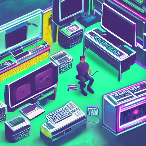 Image similar to aerial view of a guy laying on the floor of his bedroom surrounded by electronics computers food video games, vaporwave colors, faded effect, highly detailed, digital painting, artstation, concept art, soft light, sharp focus, illustration