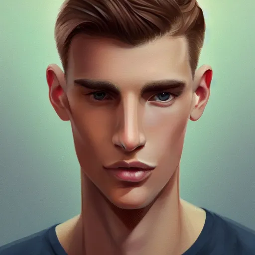 Image similar to tall man in his twenties with brown blond short quiff hair and thin slightly round facial structure with cleft chin, straight eyebrows and prominent nose, good definition of cheekbones, big hazel nut brown eyes, narrow face, slim body, atmospheric lighting, painted, intricate, 4 k, highly detailed by charlie bowater