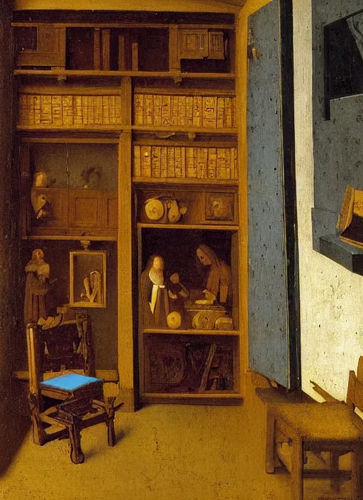 Image similar to bookshelf with books and children toys, medieval painting by jan van eyck, johannes vermeer, florence