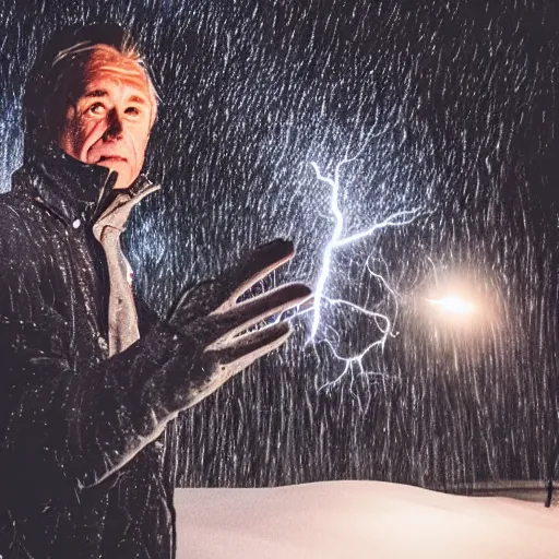 Prompt: Jonas Gahr Støre powering Norwegian village by shooting lightning out of his hands, glowing eye