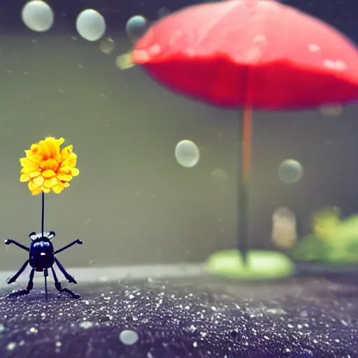 Image similar to a cute tiny robot holds a big flower up in the rain, a ladybug is beside the robot, award winning macro photography, kodachrome, dramatic lighting