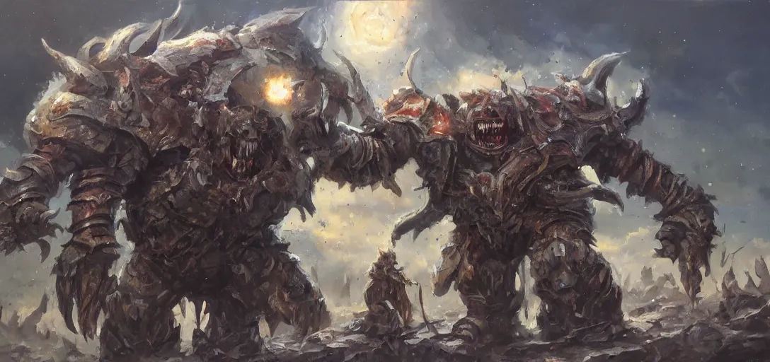 Prompt: oil painting of a single giant orc in futuristic armor roars as it steps over it's fallen enemy's bodies