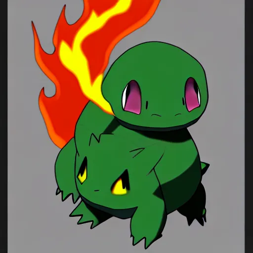 Image similar to black bulbasaur fire type pokemon , digital art , trending on artstation
