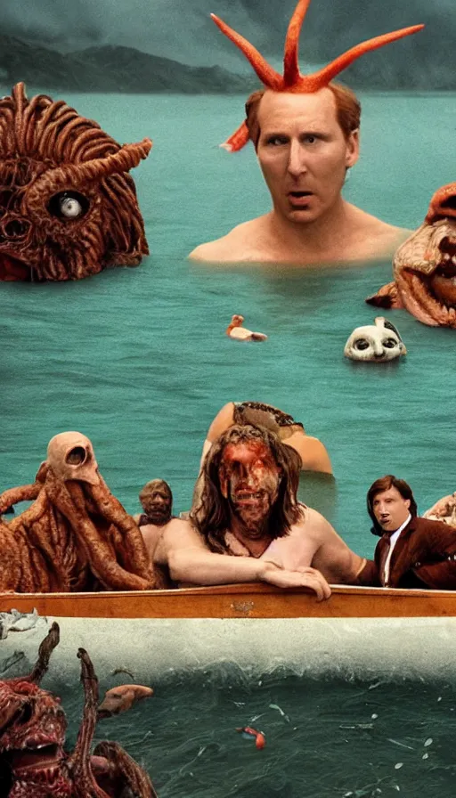 Image similar to man on boat crossing a body of water in hell with creatures in the water, sea of souls, by wes anderson,