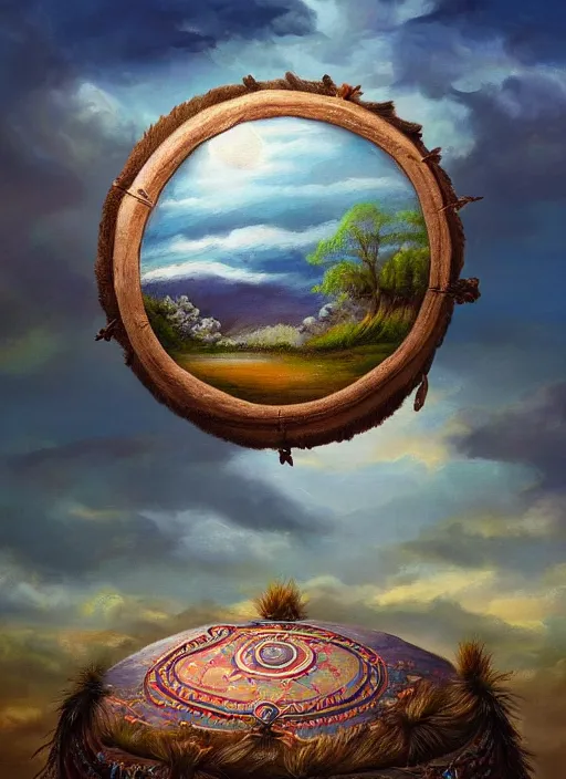 Image similar to a beautiful painting of a highly decorated round shamanic drum on the ground, with a beautiful cloudy sky, fantasy art, matte painting