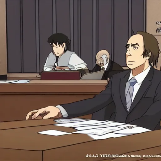 Image similar to Saul Goodman in a courtroom, anime, movie, by studio ghibli