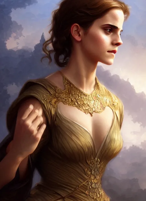 Image similar to emma watson as driada, shiny background, intricate, elegant, highly detailed, digital painting, artstation, concept art, smooth, sharp focus, illustration, artgerm, bouguereau