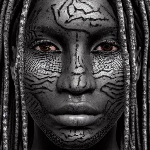 Image similar to : black human with ancient pattern skin all over hyper detailed art station  dalle2 unity contest winners unrealengine trending on artstation,cinematic, hyper realism, high detail, octane render, 8k