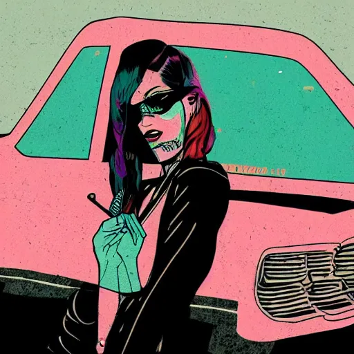 Prompt: a colorfully detailed comic noir style illustration of a tattooed woman posing next to a pink Cadillac in a post-apocalyptic desert by queens of the stone age and sachin teng, dark vibes, street art, cinematic, high contrast, depth of field