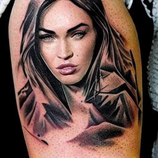 Prompt: megan fox face in the shape of beautiful mountains, double exposure effect, medium sized tattoo sketch, amazing detail, on pinterest
