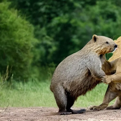Prompt: a photo of a small beaver trying to take on a lion, the lion is scared.