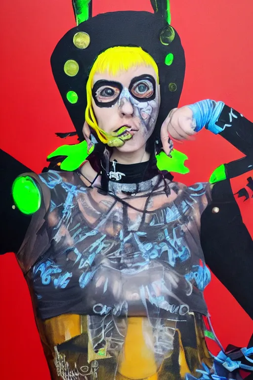 Prompt: a character wearing a diy! costume, punk, with fluo colored details and a transparent a mask, muted colors, vivienne westwood, nausicaa, hyper real painting