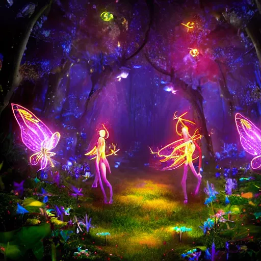 Image similar to beautiful glowing pixies in a fantasy forest