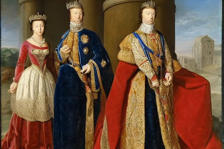Image similar to female european king in kingly male regalia with her wife