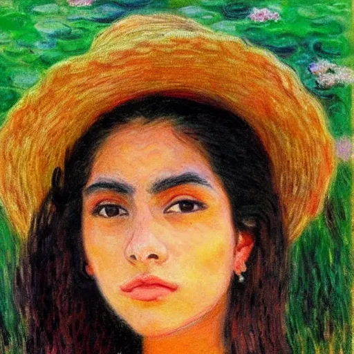 Prompt: beautiful tan mexican woman, landscape, prominent rosy cheek bones, black hair and brown eyes, monet and da vinchi art style,