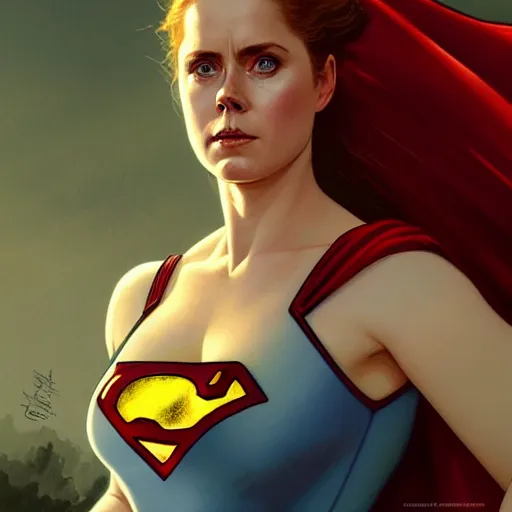 Prompt: beautiful Amy Adams as Superman, western, closeup, D&D, fantasy, intricate, elegant, highly detailed, digital painting, artstation, concept art, matte, sharp focus, illustration, art by Artgerm and Greg Rutkowski and Alphonse Mucha