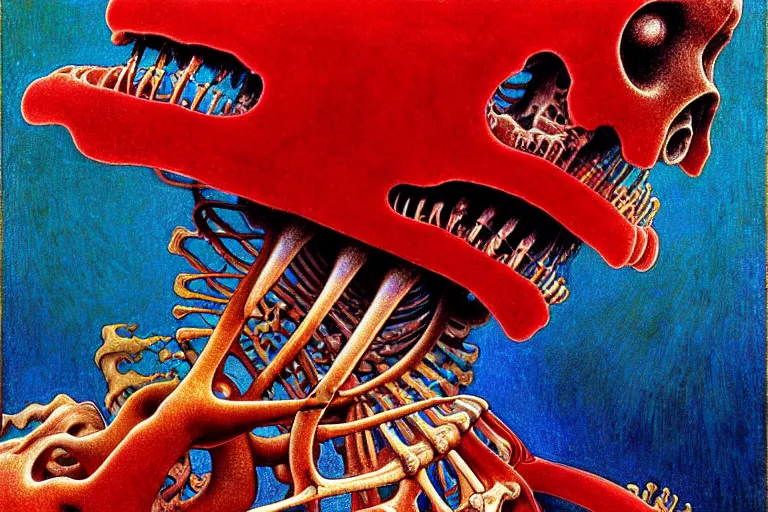 Image similar to realistic detailed closeup portrait painting of a single skeleton wearing red velvet blazer in a crowded futuristic moscow street by Jean Delville, Amano, Yves Tanguy, Alphonse Mucha, Ernst Haeckel, Edward Robert Hughes, Roger Dean, rich moody colours, blue eyes