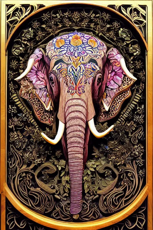 Image similar to Painted dark-wood panel relief carving of a close up of a Flowerpunk Matriarch Elephant, ornate border frame, explosion of colorful flowers, dark wood, intricately carved, black ink, festival of rich colors, intricate details, cinematic lighting, volumetric lighting, post-processing, art nouveau, tarot, fractal art, mandala, by andreas rocha and john howe, and Martin Johnson Heade, featured on artstation, featured on behance, golden ratio, hyper detailed, photorealistic, epic composition, center spotlight, f32, well composed, symmetrical, UE5, 8k