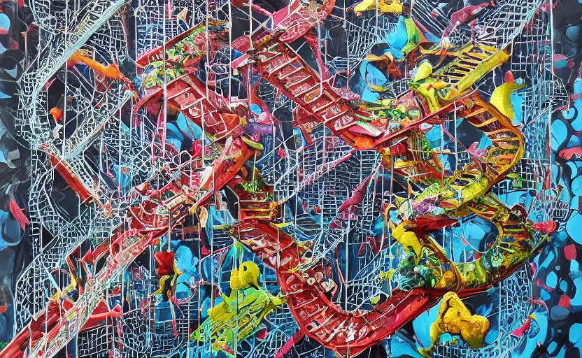 Prompt: chutes and ladders. detailed abstract acrylic painting by bordalo ii, by mc escher, by raqib shaw, japanese popsurrealism,