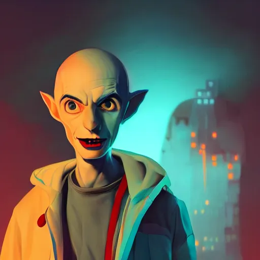 Prompt: portrait of hip hop nosferatu, led lights, mattepainting concept blizzard pixar maya engine on stylized background splash comics global illumination lighting artstation lois van baarle, ilya kuvshinov, rossdraws