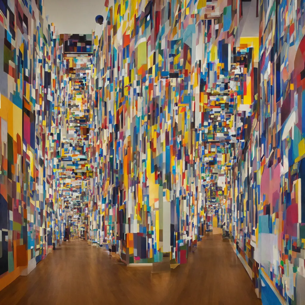 Image similar to photograph of a corridor in an kandinsky exhibition, lots of paintings on the walls, perspective, award - winning