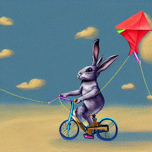 Prompt: a humanoid rabbit riding a bicycle while flying a kite, digital painting