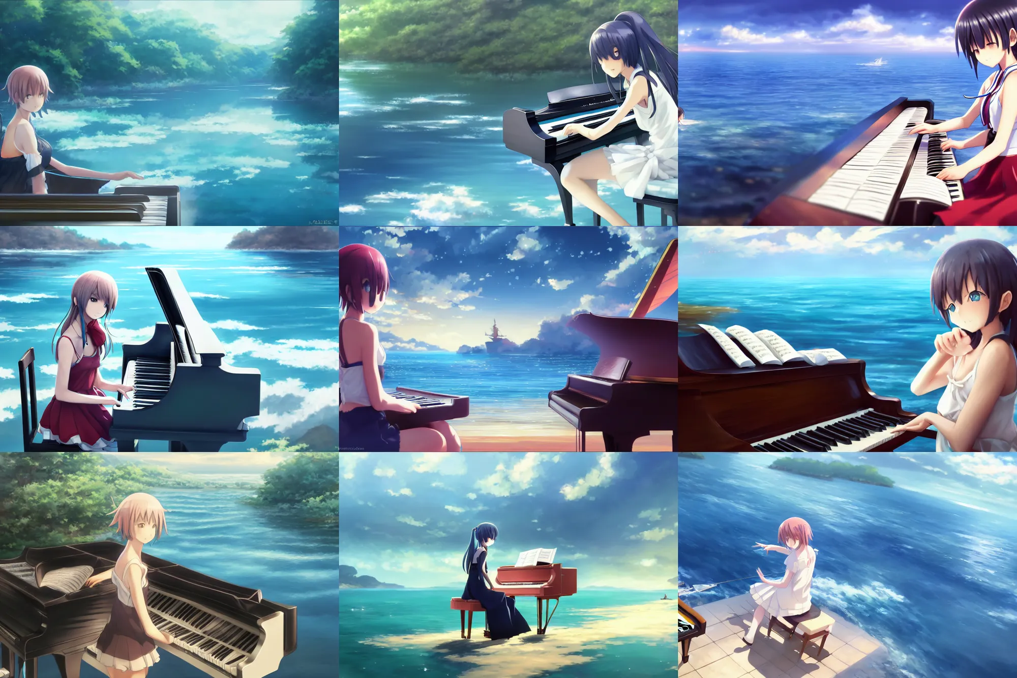 Prompt: Anime girl playing piano on blue water, far away, landscape, Cushart Krenz, Shinkai Makoto, lots of details, highly detailed, 4k