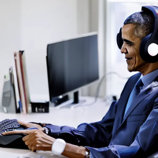 Prompt: Obama with gaming headset sitting at a desk with gaming gear and an RGB PC