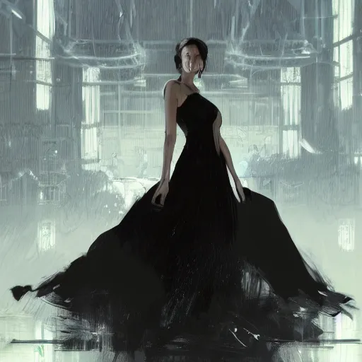 Image similar to portrait of a woman in a black dress standing in an elegant greenhouse garden, dramatic lighting, illustration by greg rutkowski, yoji shinkawa, 4 k, digital art, concept art, trending on artstation