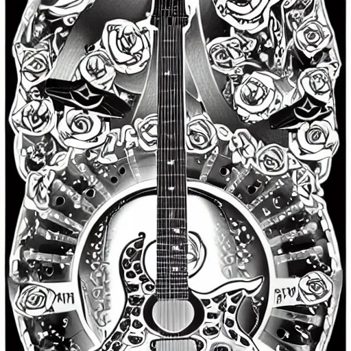 Prompt: Shark and guitar, roses and coins on the background, design in the Maori style for a tattoo