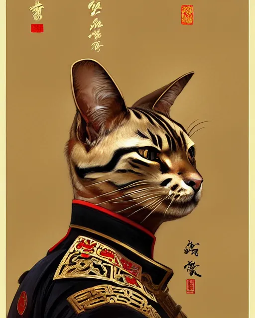 Image similar to upper half portrait of a military cat, decorated with chinese opera motifs, royal, fine china, wuxia, traditional chinese art intricate intense elegant highly detailed digital painting artstation concept art smooth sharp focus illustration, art by artgerm and greg rutkowski alphonse mucha 8 k
