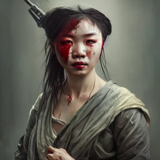 Prompt: portrait painting of a bloodied vietnamese female butcher, ultra realistic, concept art, intricate details, eerie, highly detailed, photorealistic, octane render, 8 k, unreal engine. art by artgerm and greg rutkowski and alphonse mucha