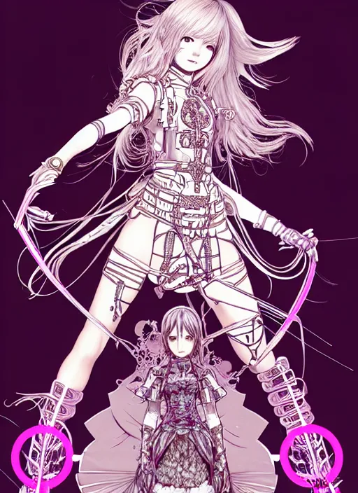 Image similar to final fantasy highly detailed terada katsuya artgerm artstation minaba hideo manga poster of princess mechine, long hair, armor, dress, laces, ruffles, 8 k, fluorescent, maximalist, jump comics, tomer hanuka