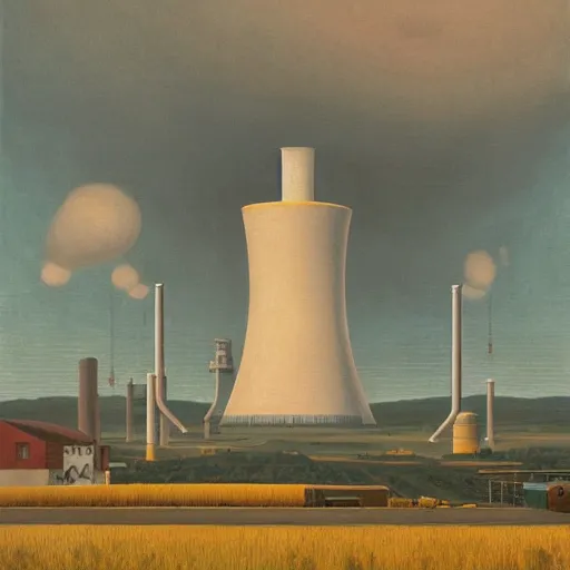 Image similar to A nuclear power plant in utopia by Simon Stålenhag and Grant Wood, oil on canvas