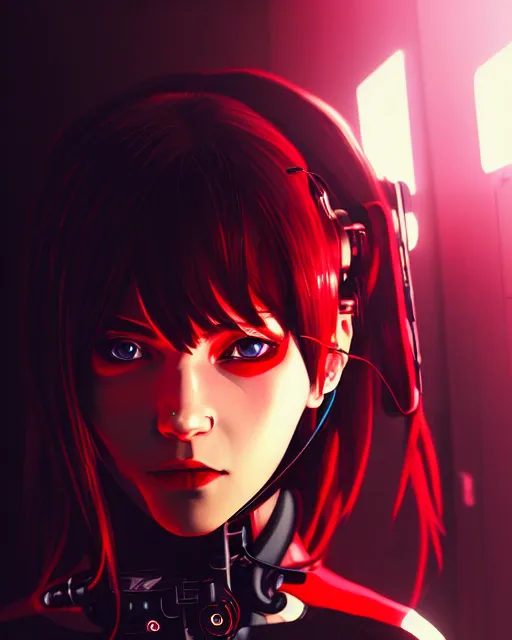 Image similar to a detailed potrait of a cyberpunk cyborg girl with black and red parts, perfect face, realistic shaded perfect face, detailed. night setting. very anime style. realistic shaded lighting poster by ilya kuvshinov katsuhiro, unreal engine, global illumination, radiant light, detailed and intricate environment